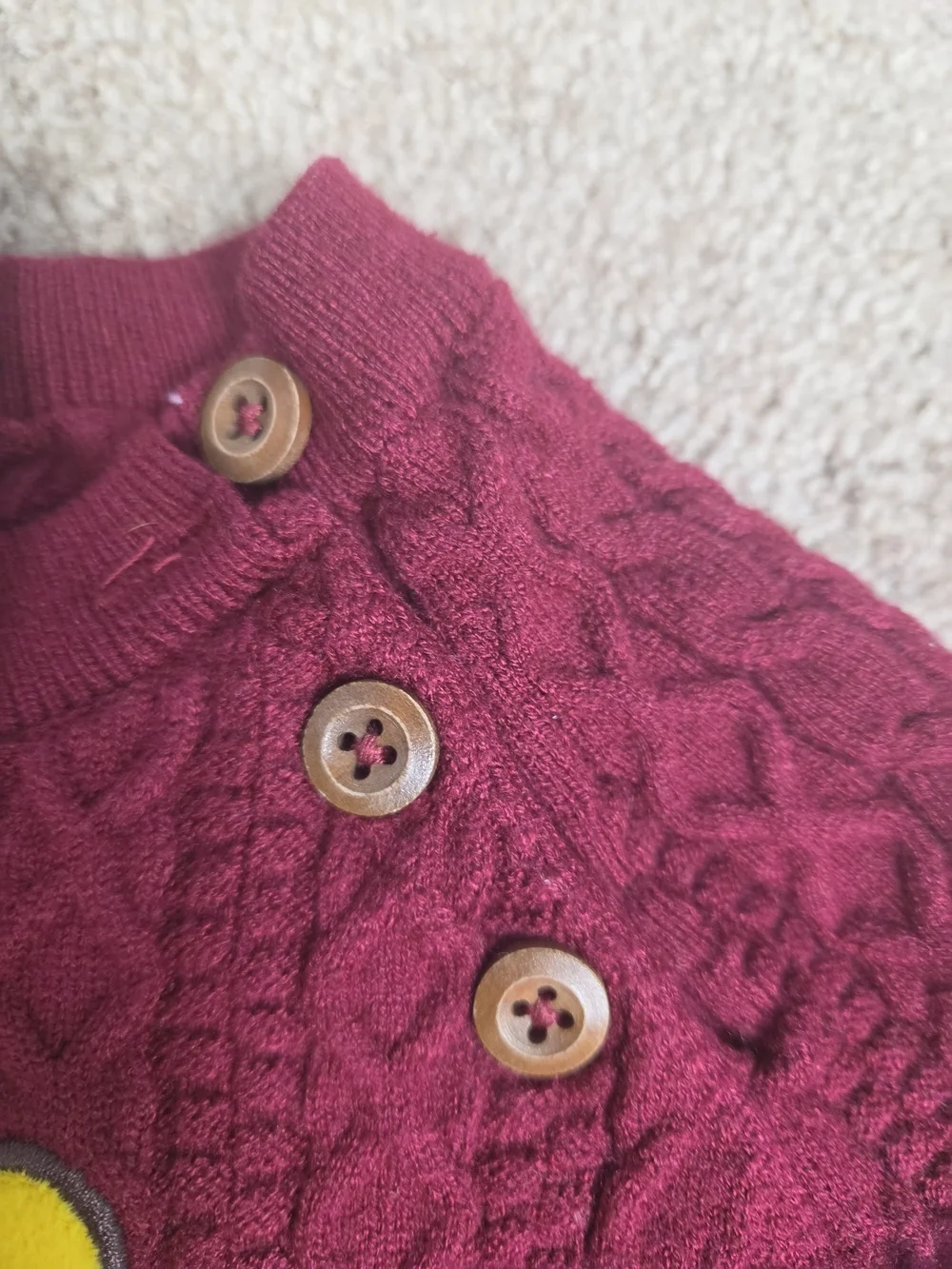 Disney Burgundy Cable Knit V-Neck Sweater with Yellow Winnie the Pooh Patch